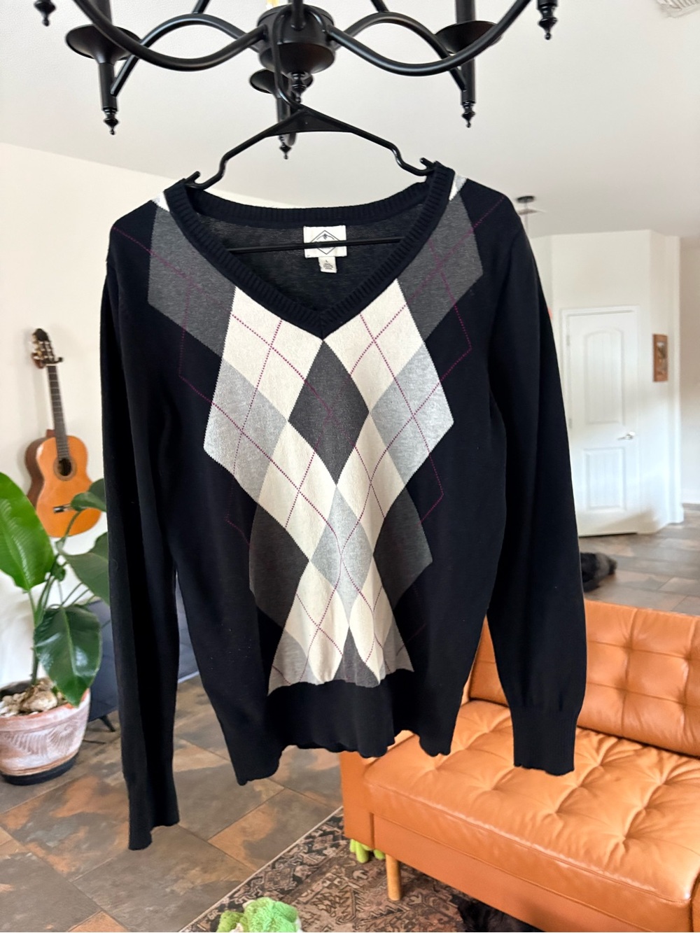 St. John's Bay Black Argyle V-Neck Sweater with Gray and Cream Diamonds